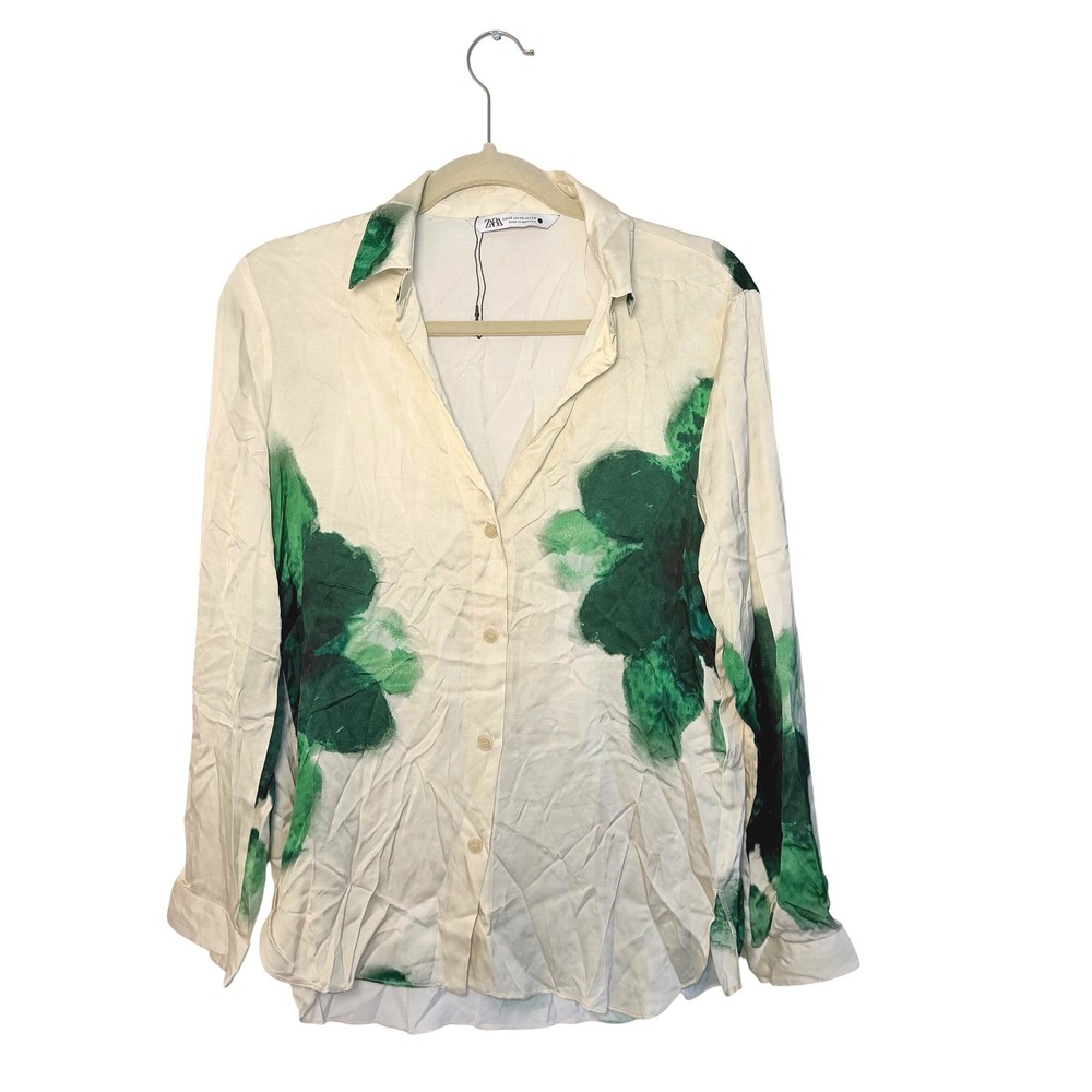 NWOT Zara Flowy Button Down Blouse Ecru Green Floral Top Boho Satin V Neck SZ XS